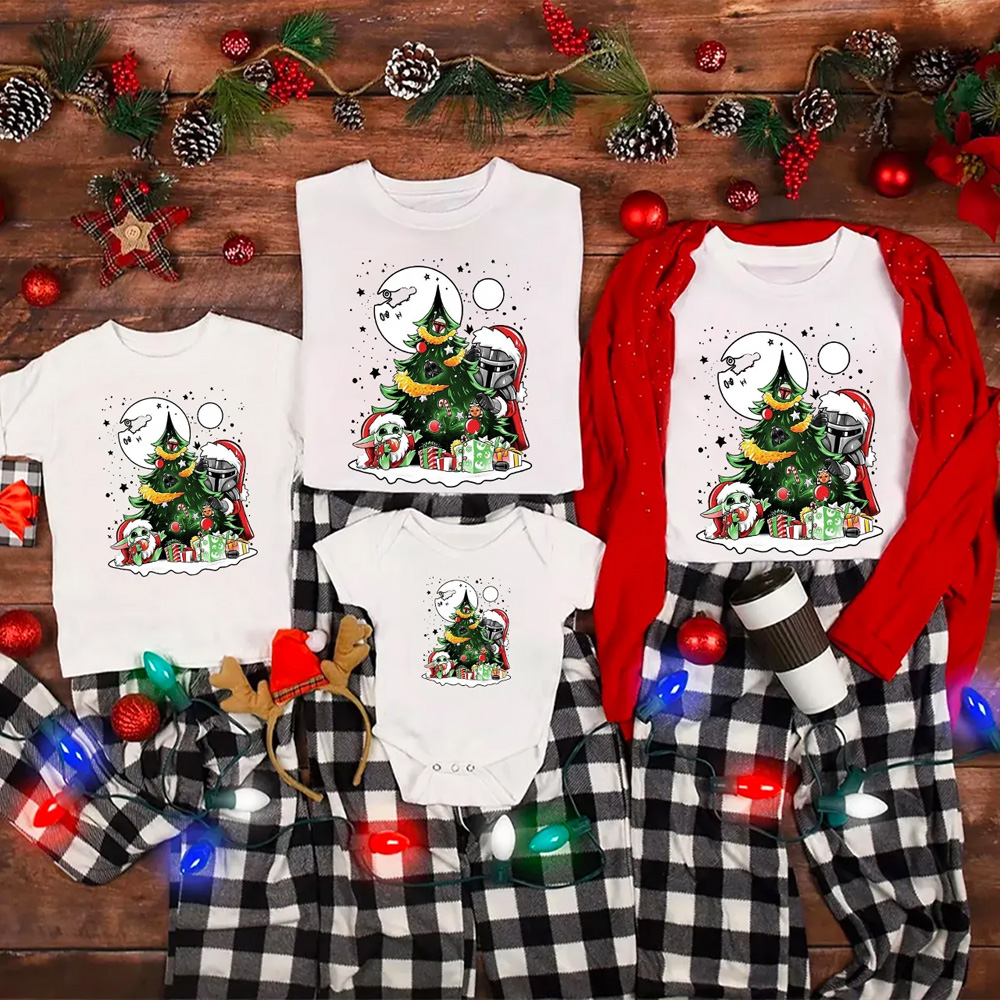 Moon Light Christmas Tree and Presents Space Style Family Matching T-Shirts