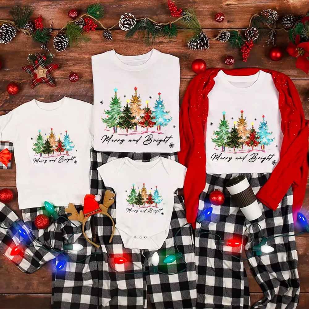 Merry and Bright Trees Christmas Family Matching Tees
