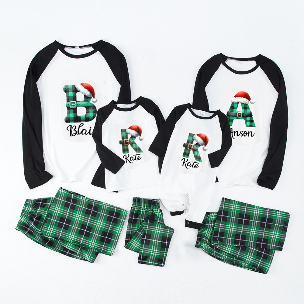 Personalized Green Plaid Letter Family Matching Christmas Gnomes Pajamas