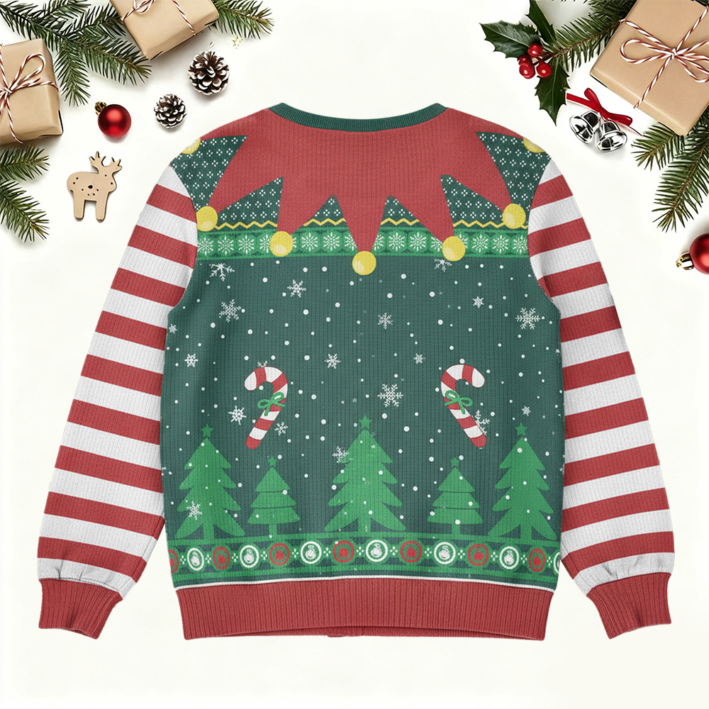 Elf Christmas Funny Face Family Name - Personalized Photo Ugly Sweater