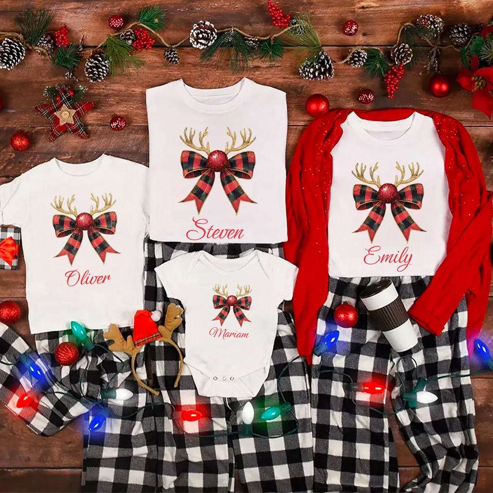 Personalized Reindeer Bow Family Matching T-Shirts