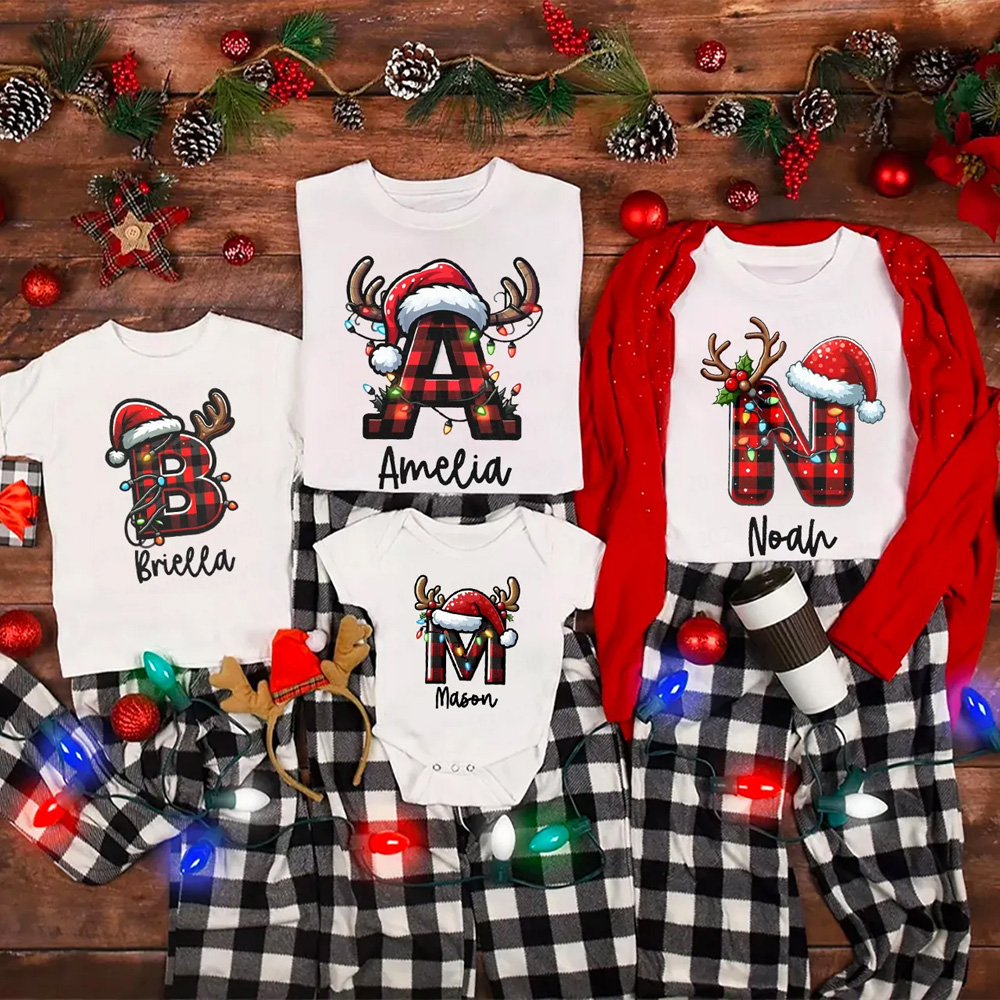 Personalized Shining Lights Christmas Name Family Matching T-Shirts