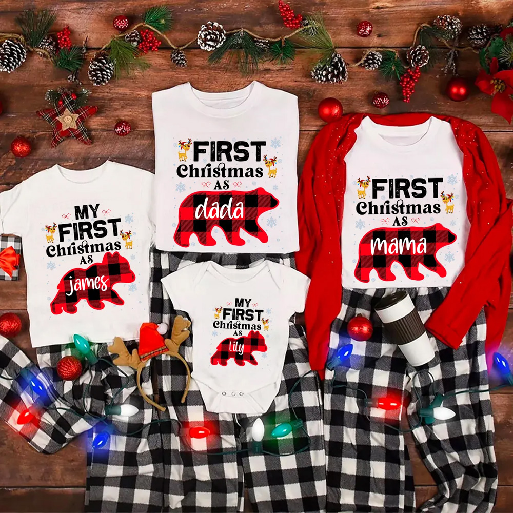 Personalized First Christmas Bear Buffalo Plaid Family Matching T-Shirts