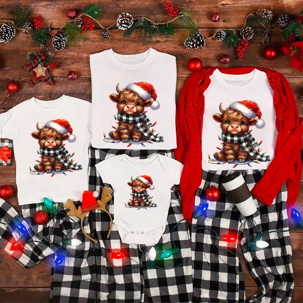 Christmas Lights Highland Cow Family Matching T-Shirts