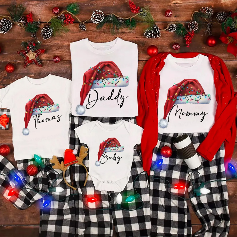Personalized Lighted Christmas Hat with Name Matching T-Shirts
