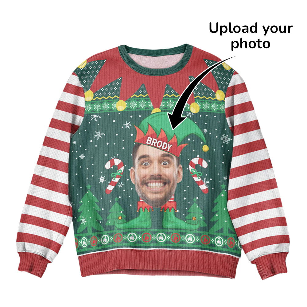 Elf Christmas Funny Face Family Name - Personalized Photo Ugly Sweater