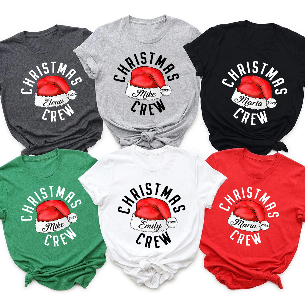 2025 Christmas Crew Santa Hat Family Matching T-Shirts