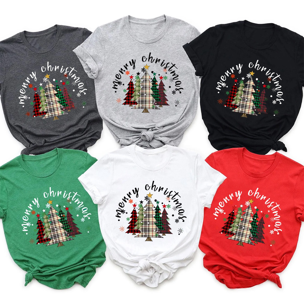 Merry Merry Christmas Plaid Tree Family Matching Tees