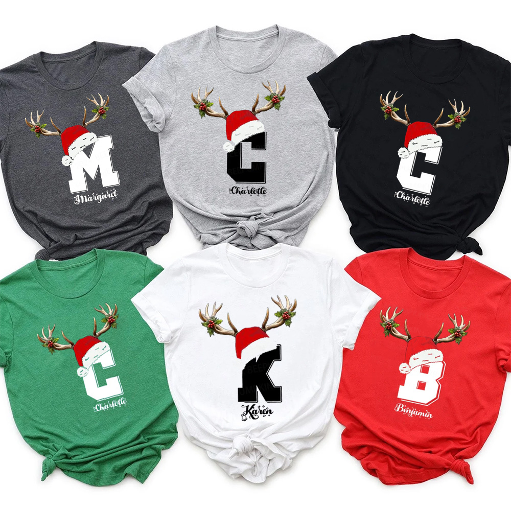 Personalized Deer Antler Name Monogram Christmas Family Matching T-Shirts