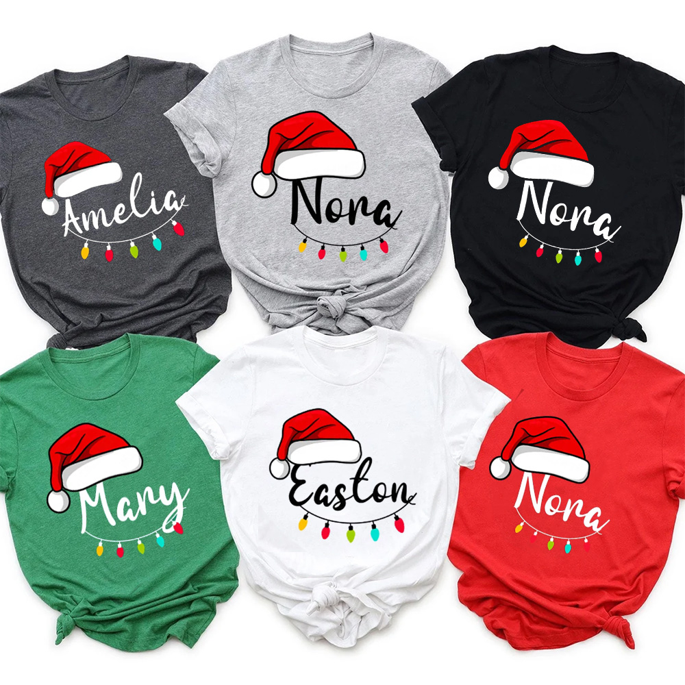 Personalized Santa Hat & Holiday Lights Family Matching T-Shirts