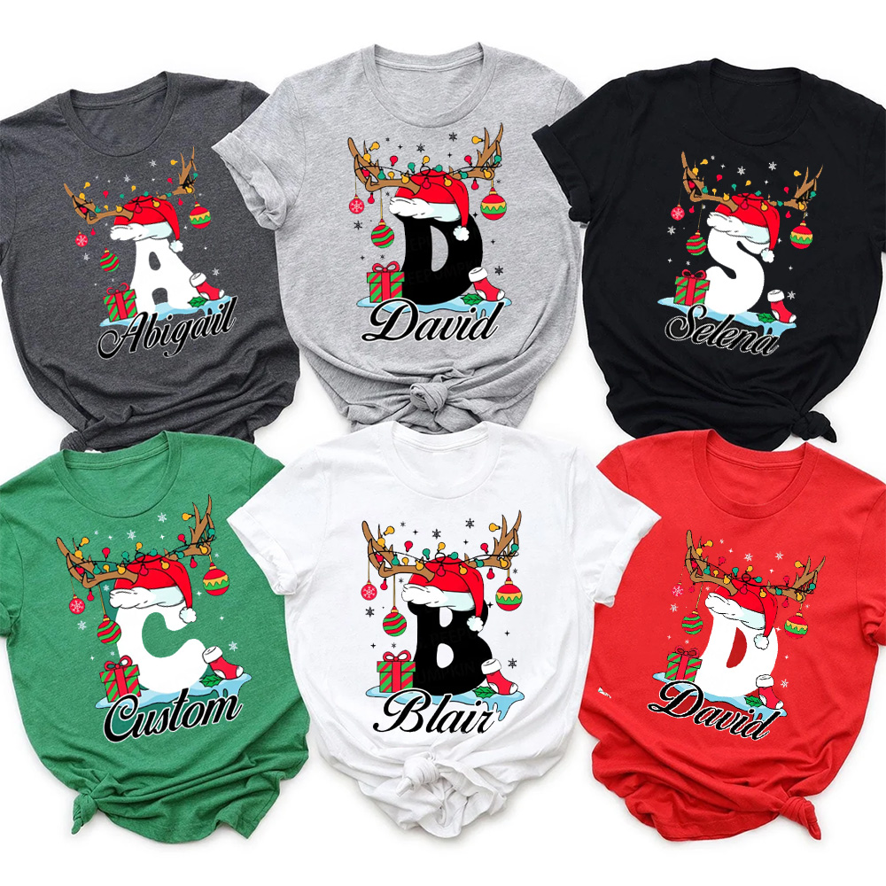 Personalized Antlered Alphabet Joy Christmas Family Matching T-Shirts