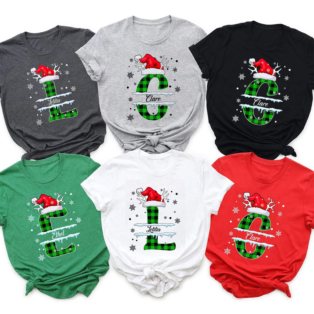 Personalized Christmas Green Plaid Snowflakes Name Family Matching T-Shirts