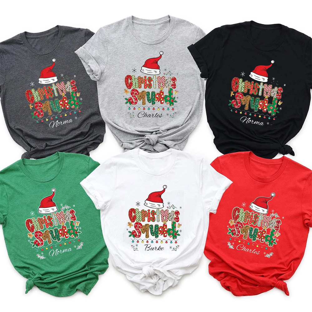 Personalized Christmas Green & White Plaid Snowflakes Name Family Matching T-Shirts