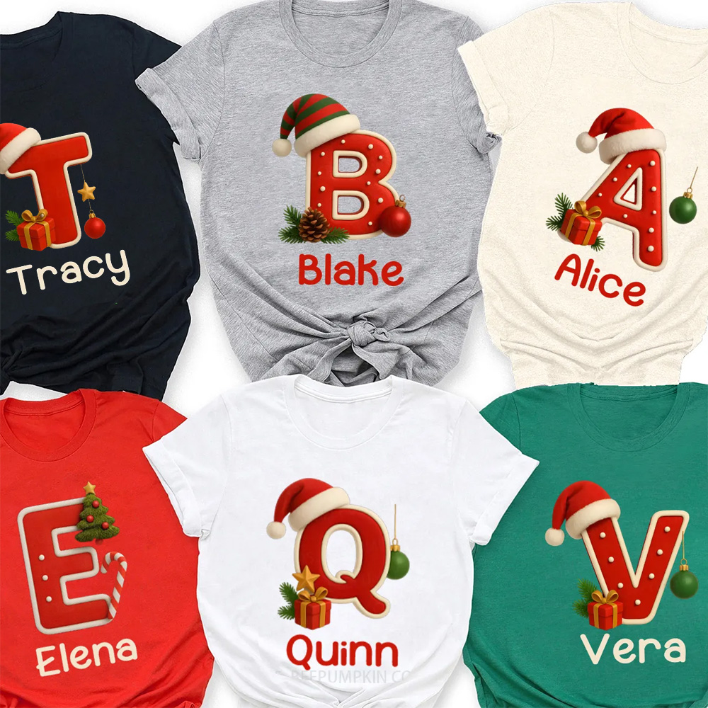 Personalized Santa Hat & Gift Alphabet Christmas Family Matching T-Shirts