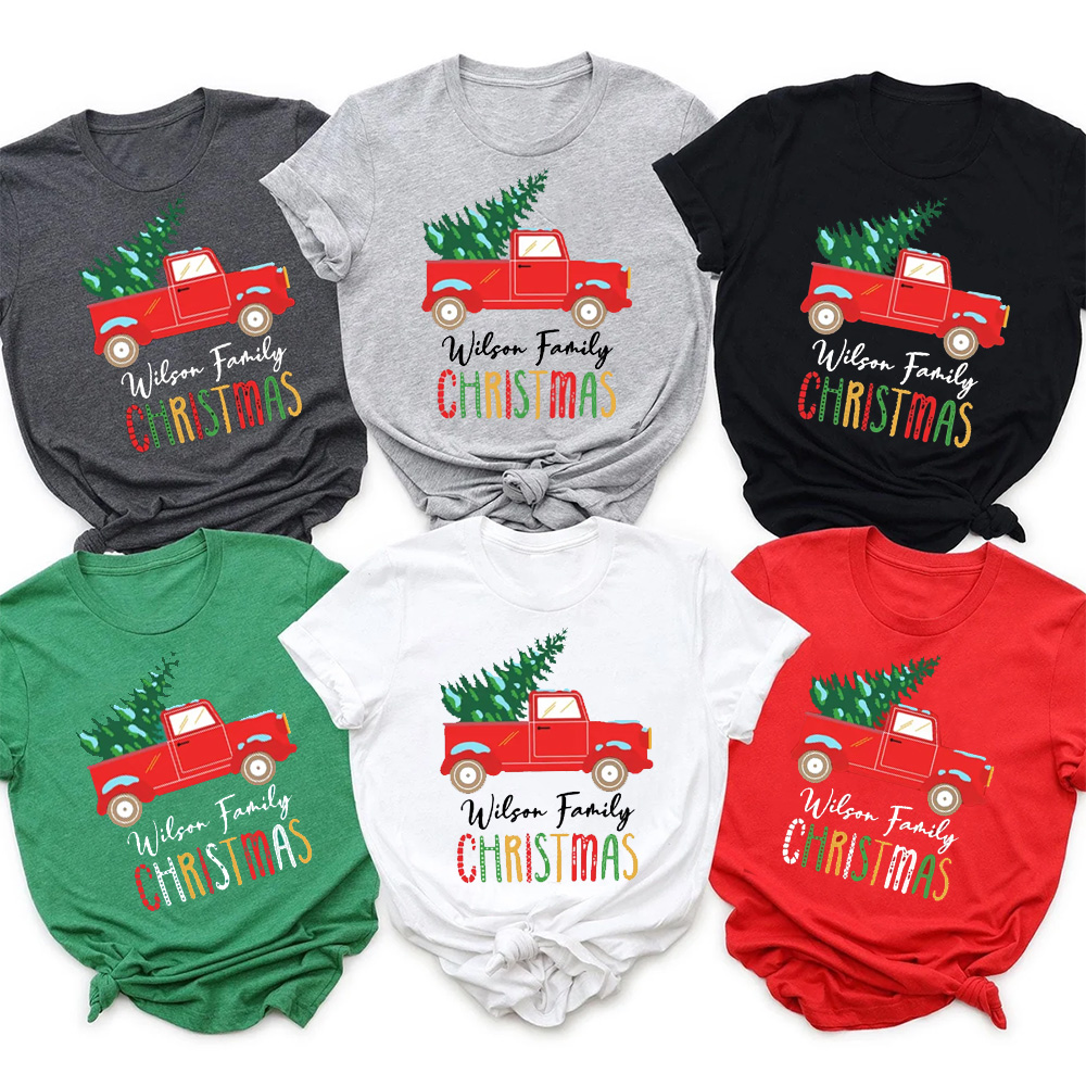 Personalized Red Truck And Christmas Tree Matching T-Shirts