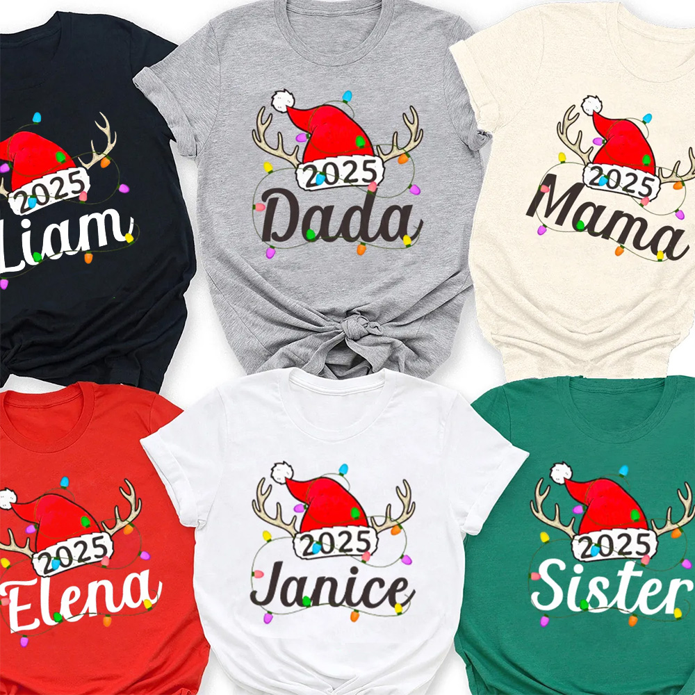 Personalized Jolly Antlers & Lights 2025 Family Matching T-Shirts