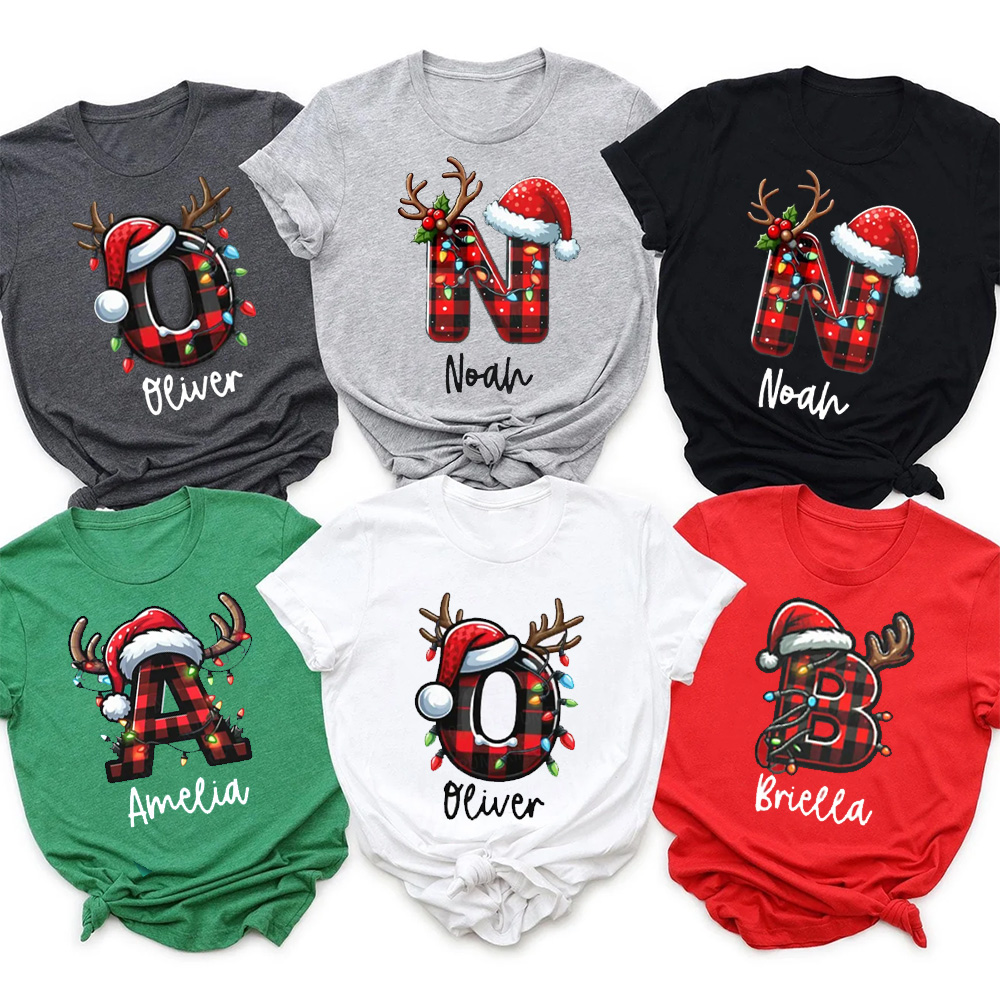 Personalized Shining Lights Christmas Name Family Matching T-Shirts