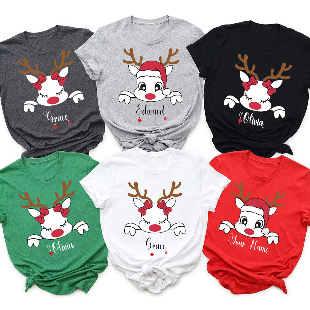 Personalized Christmas Reindeer With Santa Hat Family Matching T-Shirts