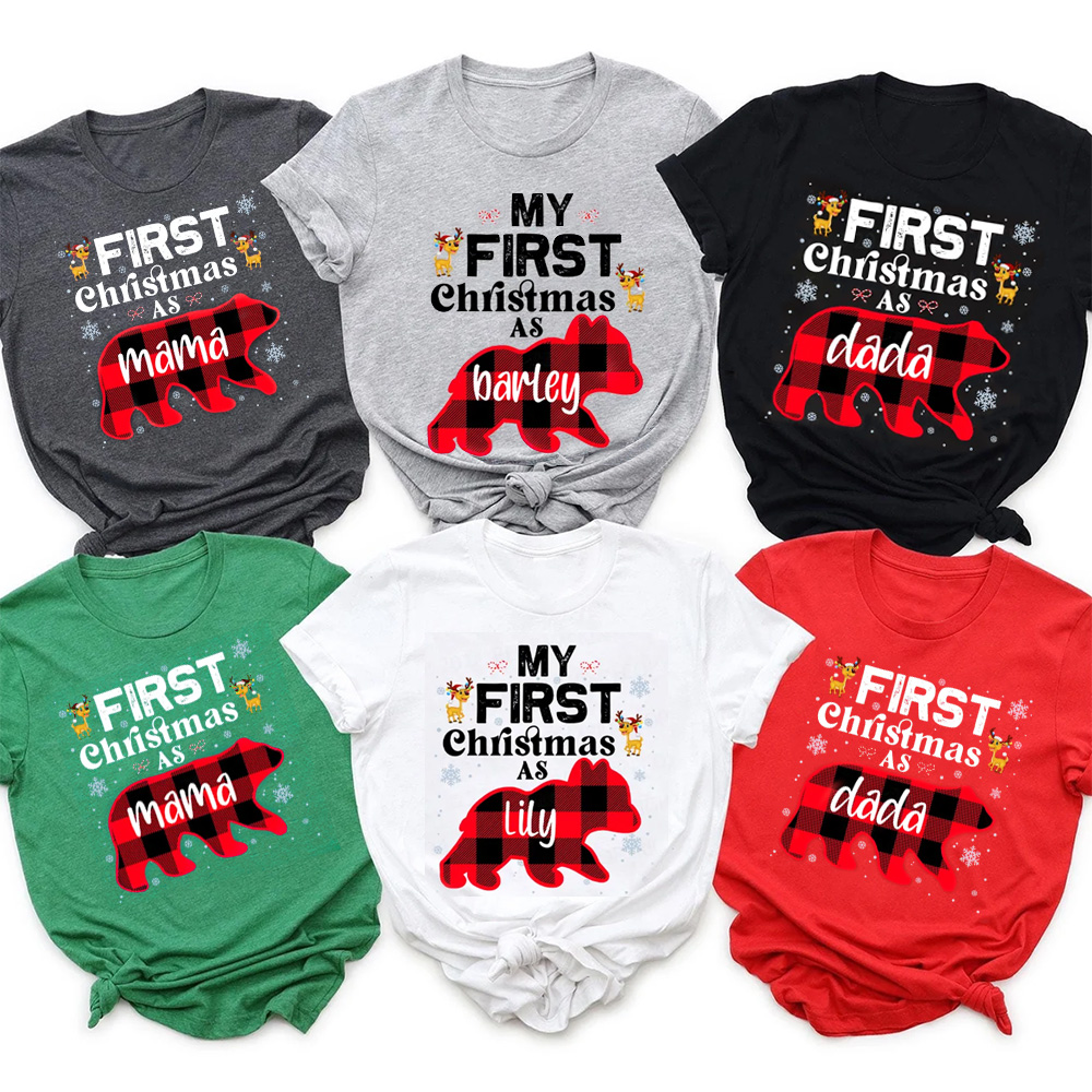 Personalized First Christmas Bear Buffalo Plaid Family Matching T-Shirts