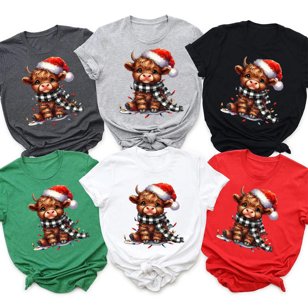 Christmas Lights Highland Cow Family Matching T-Shirts