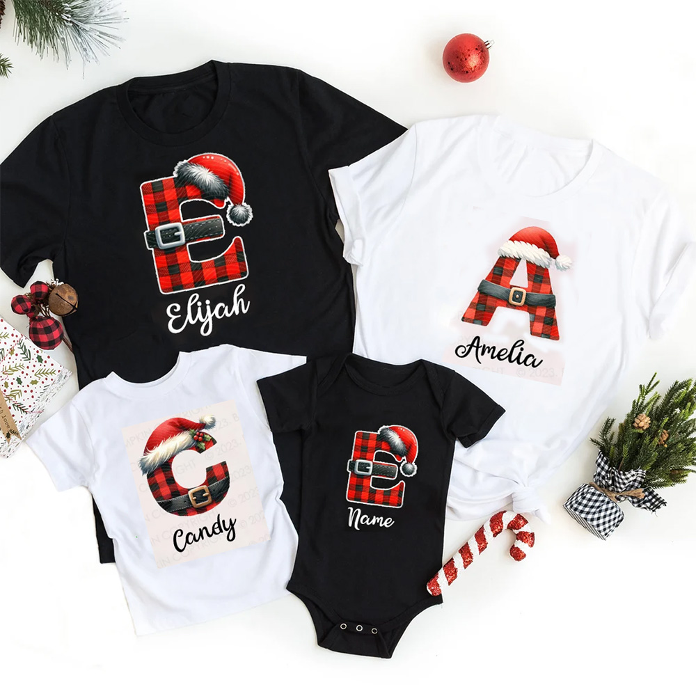 Personalized Reindeer Santa Claus Christmas Plaid Letters T-Shirts