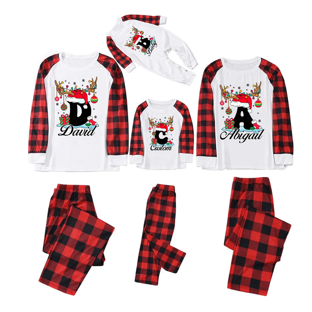 Personalized Antlered Alphabet Joy Christmas Family Matching Pajamas