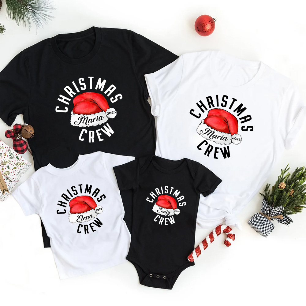 2025 Christmas Crew Santa Hat Family Matching T-Shirts