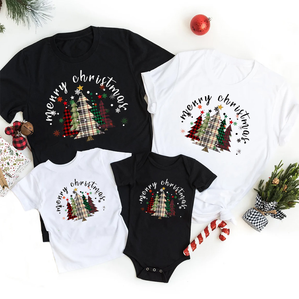 Merry Merry Christmas Plaid Tree Family Matching Tees