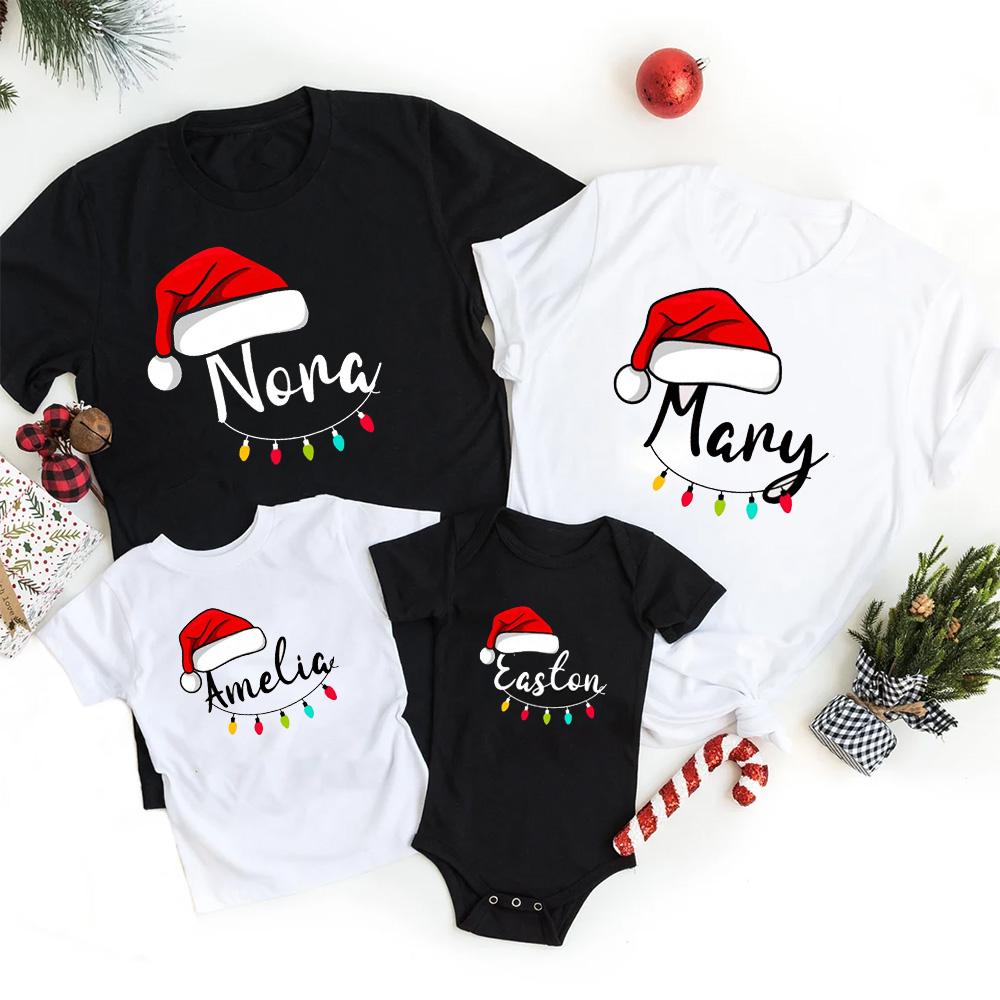 Personalized Santa Hat & Holiday Lights Family Matching T-Shirts