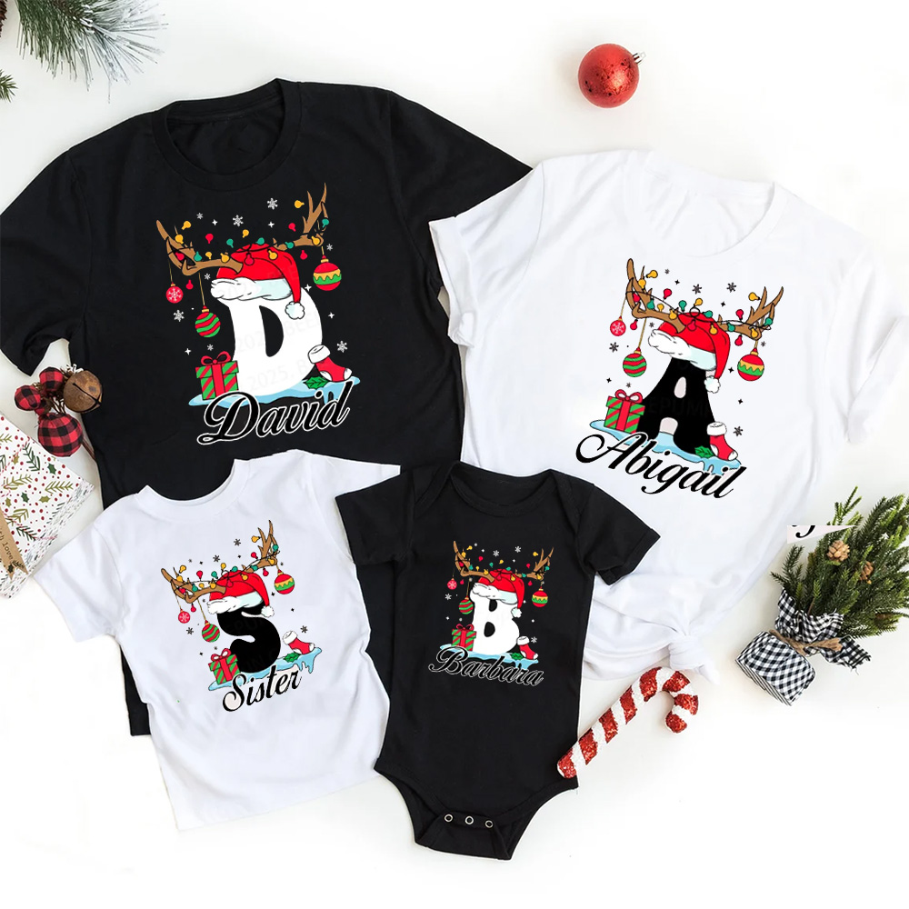 Personalized Antlered Alphabet Joy Christmas Family Matching T-Shirts
