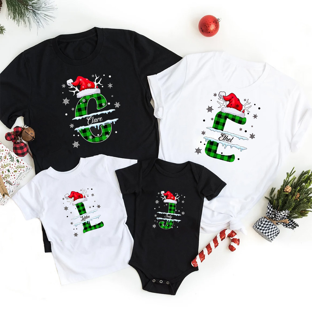 Personalized Christmas Green Plaid Snowflakes Name Family Matching T-Shirts