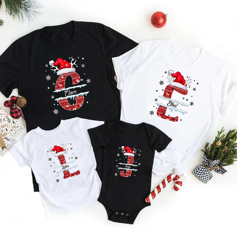 Personalized Christmas Red Elk Snowflakes Name Family Matching T-Shirts