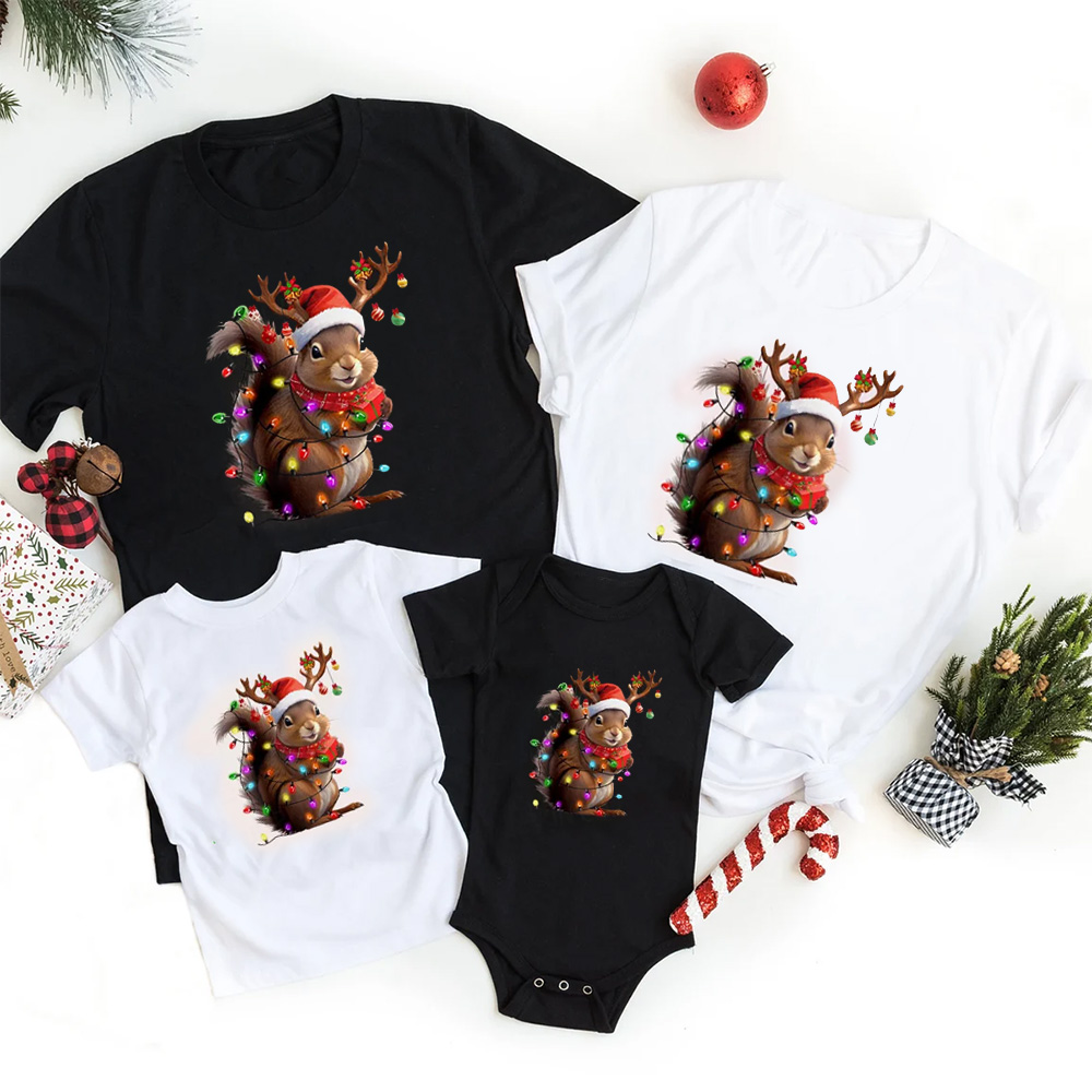 Squirrel Christmas Lights Family Matching T-Shirts