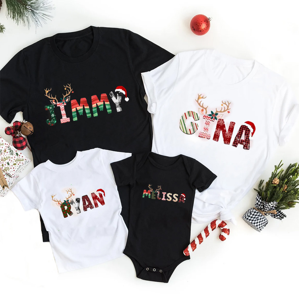 Personalized Doodle Alphabet Family Christmas Family Matching T-Shirts