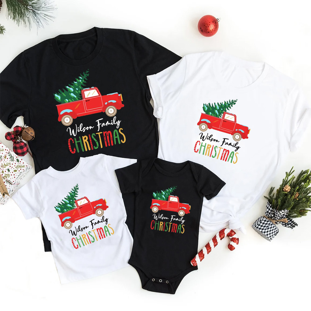 Personalized Red Truck And Christmas Tree Matching T-Shirts