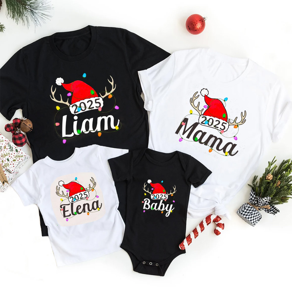 Personalized Jolly Antlers & Lights 2025 Family Matching T-Shirts