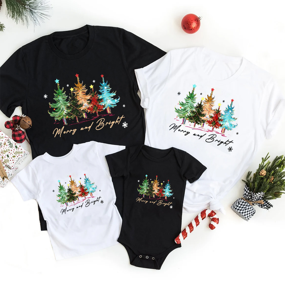 Merry and Bright Trees Christmas Family Matching Tees