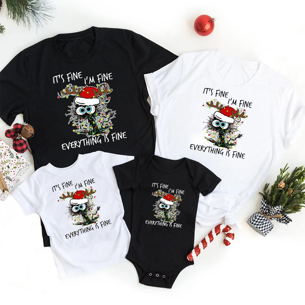 Christmas Cat Lover Everything is Fine Family Matching Tees