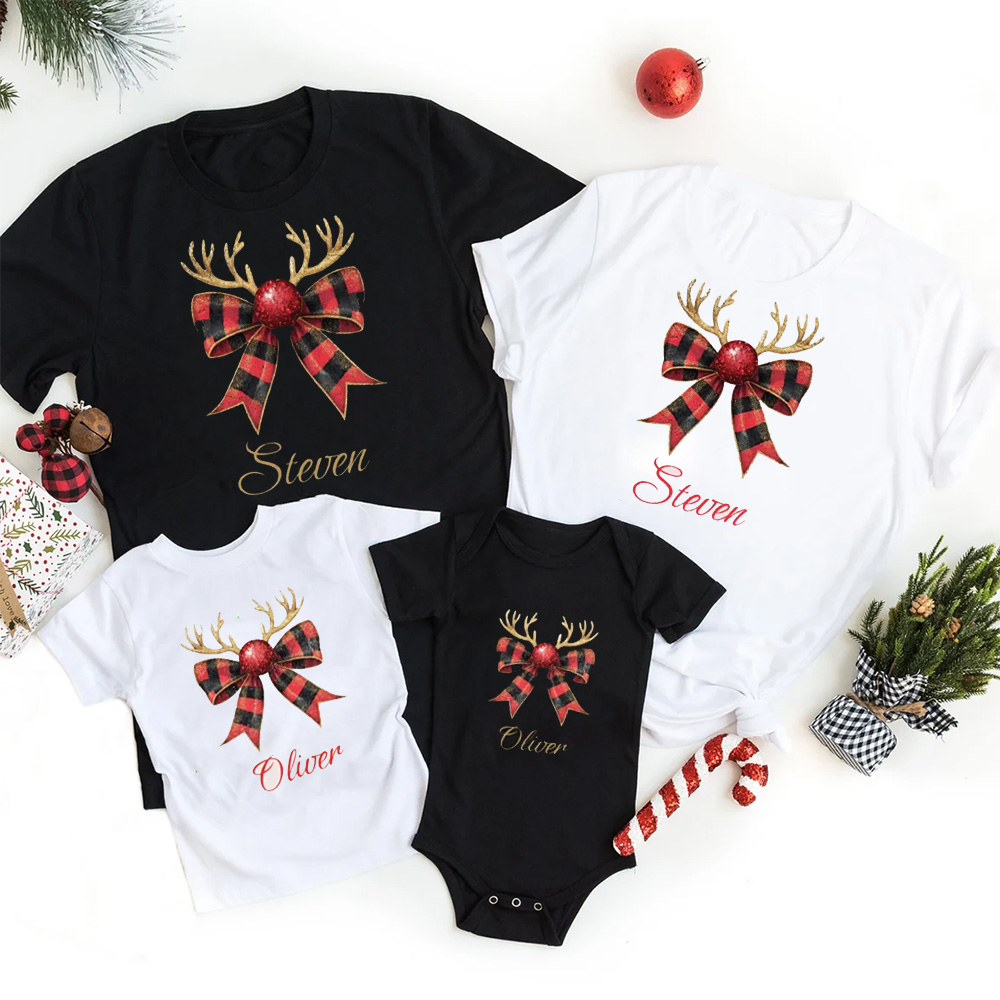 Personalized Reindeer Bow Family Matching T-Shirts