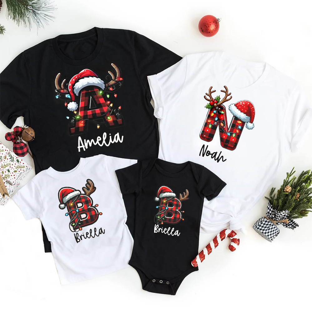Personalized Shining Lights Christmas Name Family Matching T-Shirts