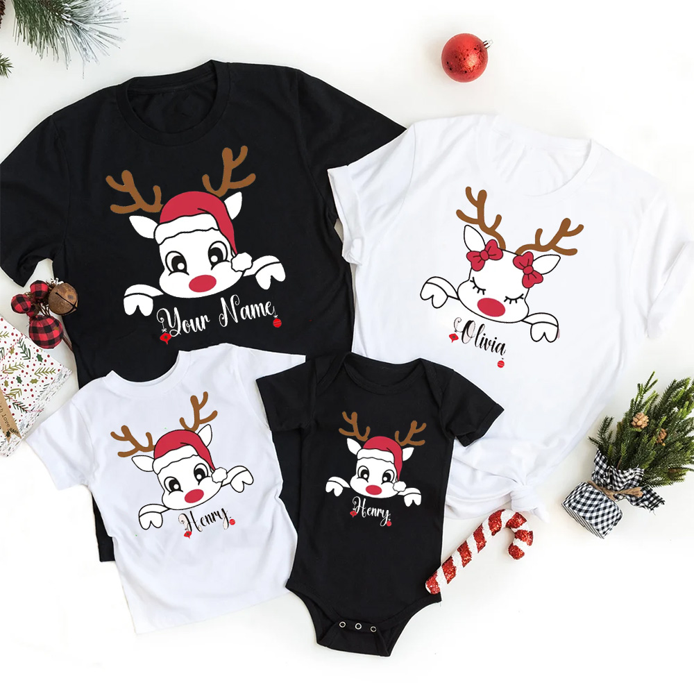 Personalized Christmas Reindeer With Santa Hat Family Matching T-Shirts