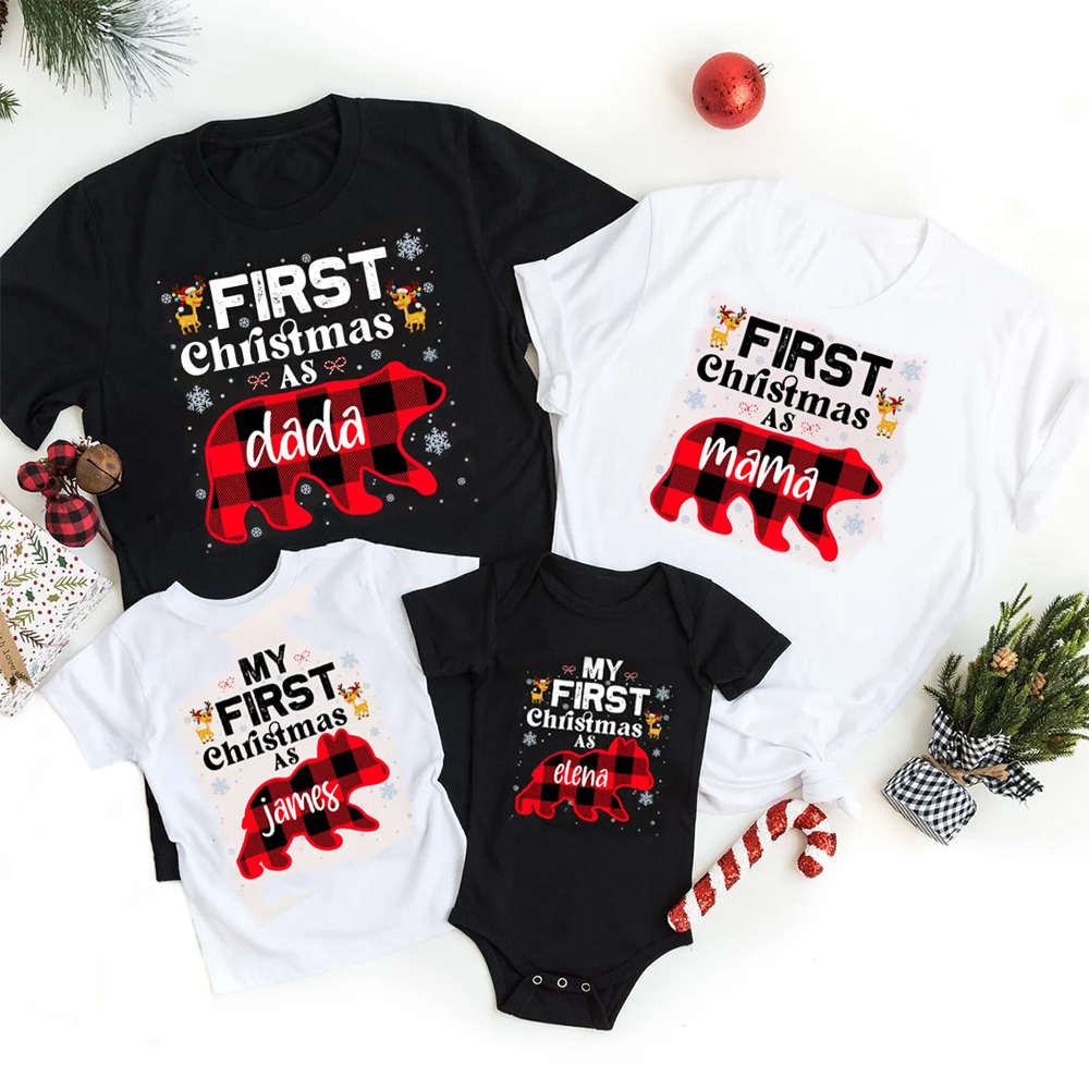 Personalized First Christmas Bear Buffalo Plaid Family Matching T-Shirts
