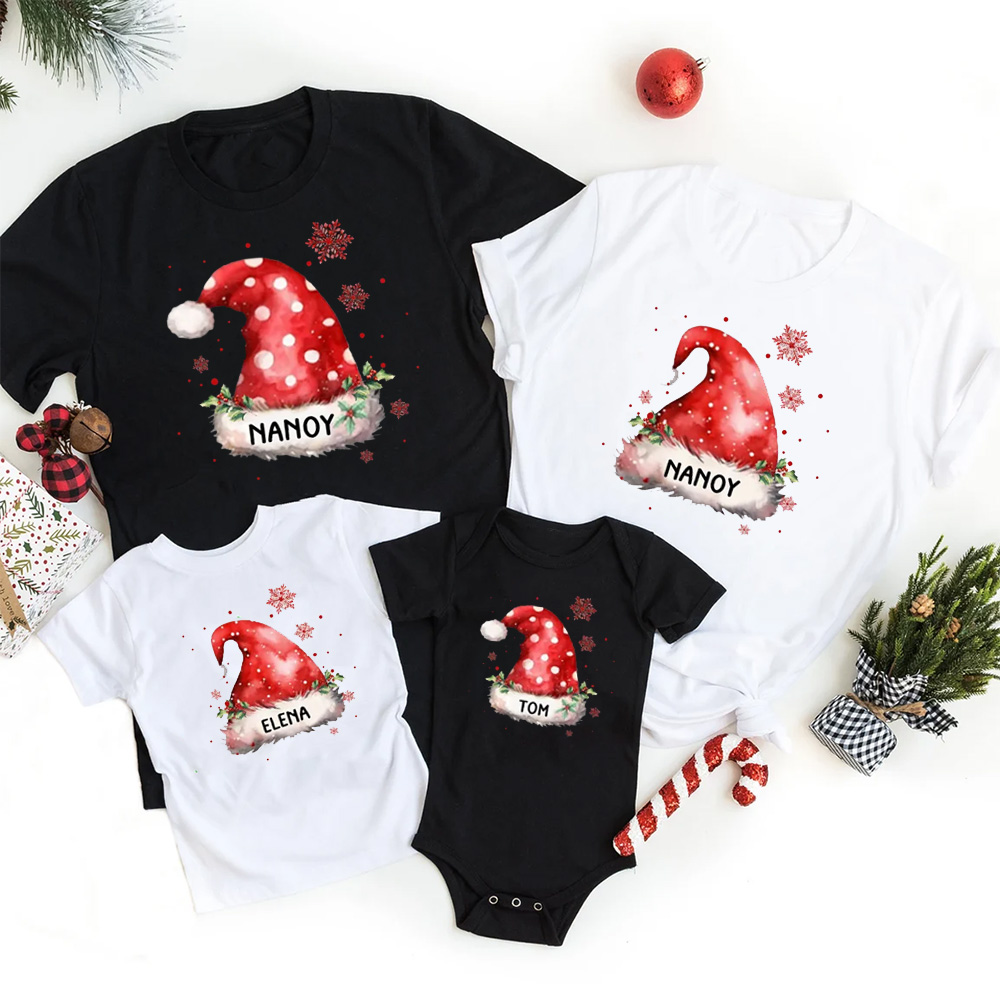 Personalized Christmas Hats Name Family Matching T-Shirts