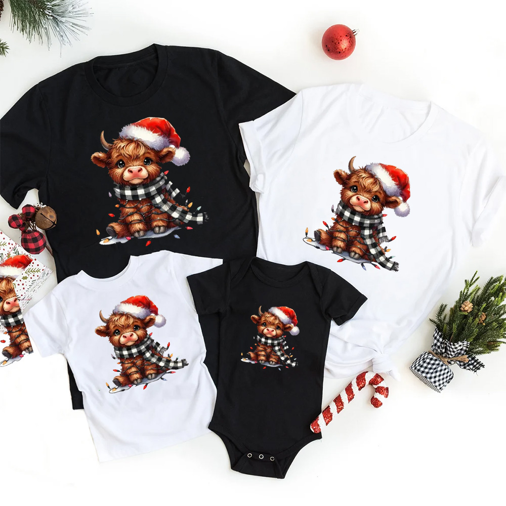 Christmas Lights Highland Cow Family Matching T-Shirts