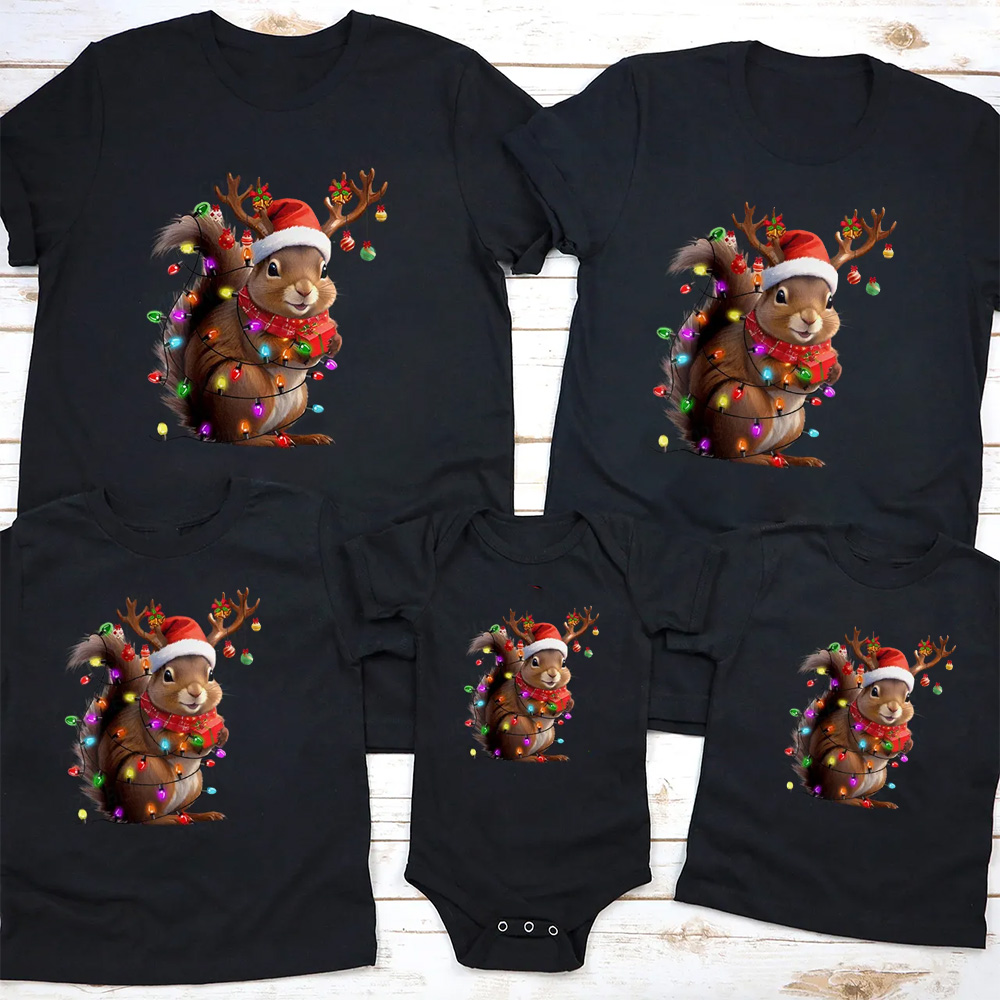 Squirrel Christmas Lights Family Matching T-Shirts