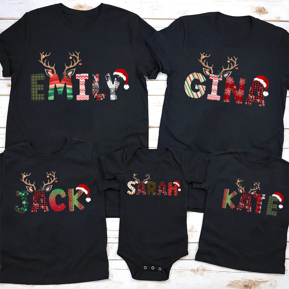 Personalized Doodle Alphabet Family Christmas Family Matching T-Shirts