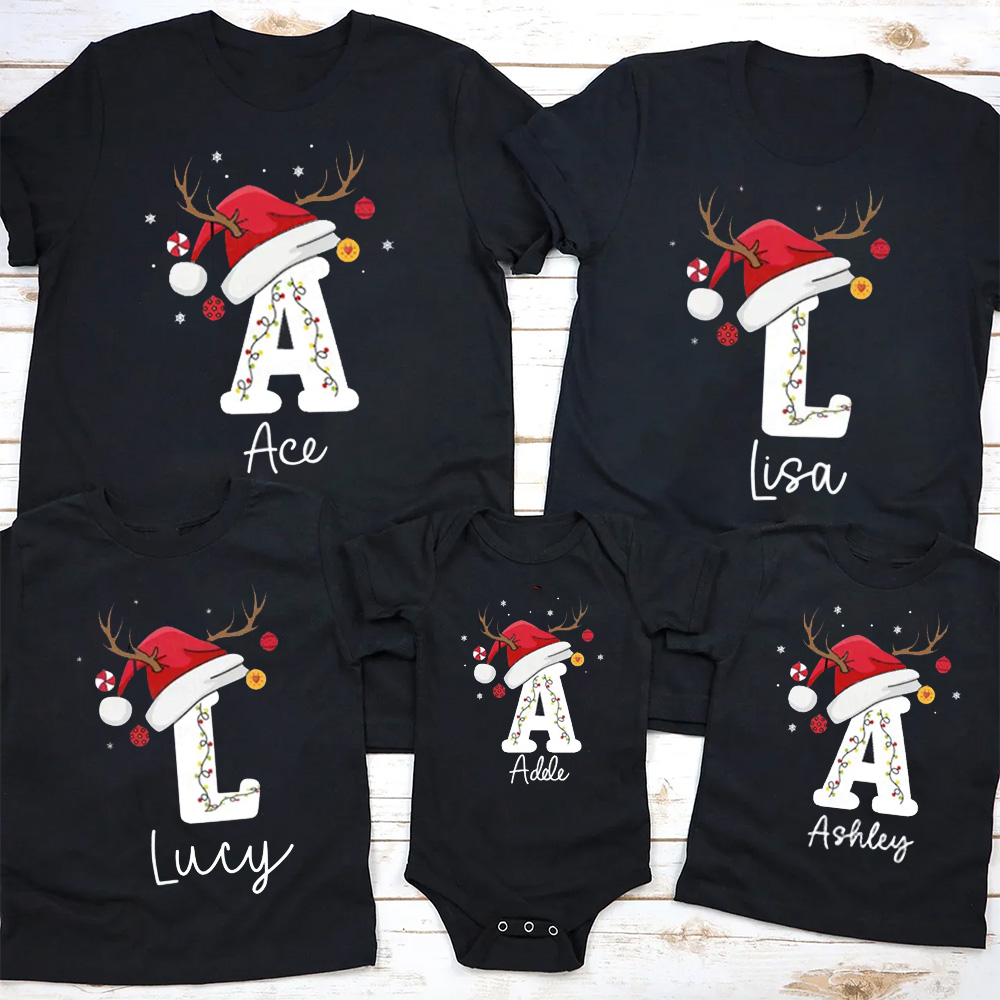Personalized Holiday Santa Hat Name Family Matching T-Shirts