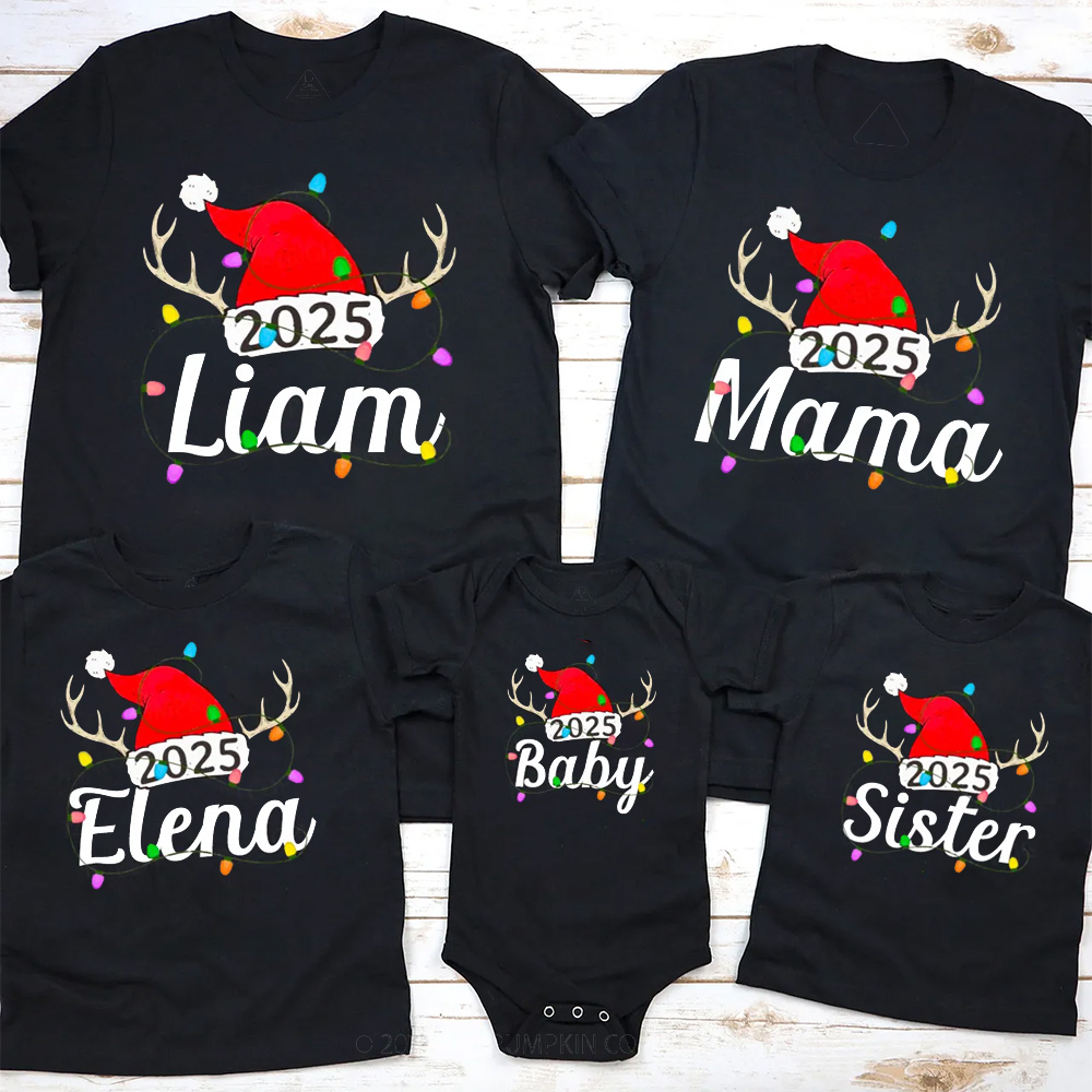 Personalized Jolly Antlers & Lights 2025 Family Matching T-Shirts
