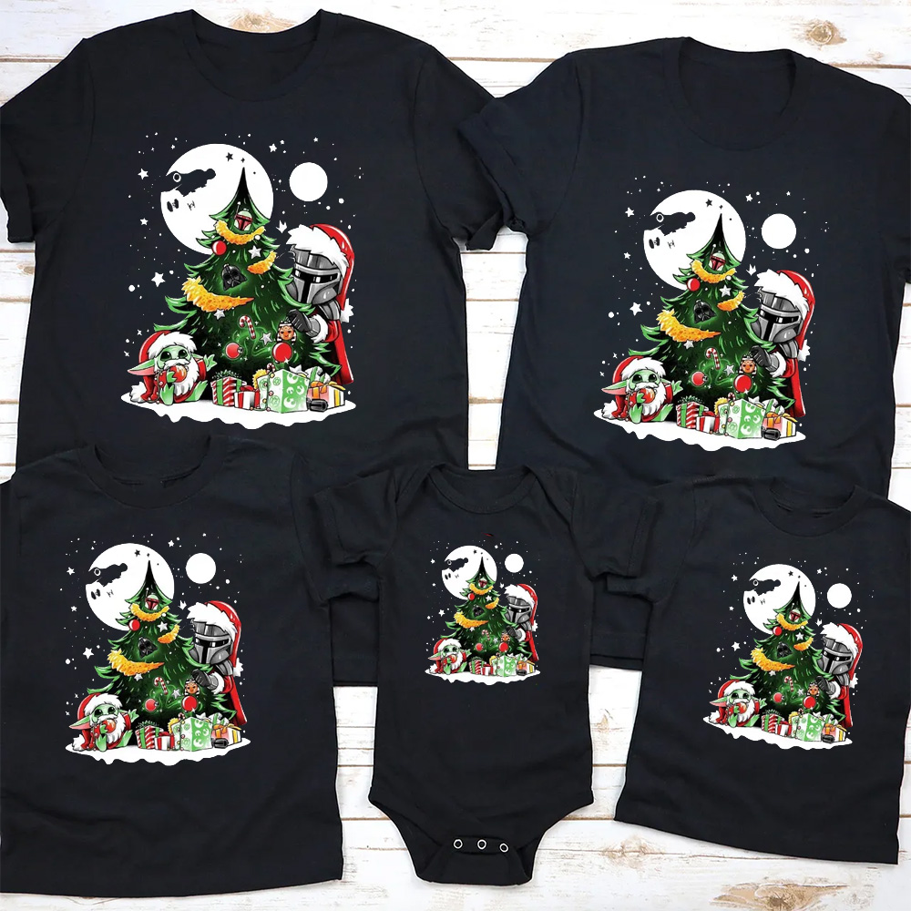 Moon Light Christmas Tree and Presents Space Style Family Matching T-Shirts