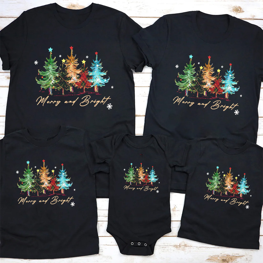 Merry and Bright Trees Christmas Family Matching Tees